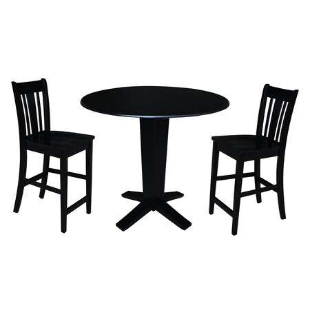 International Concepts 42 in. Solid Wood Dual Drop Leaf Dining Table with 2 Counter Height Stools in Black K46-42DPT-23B-S102-2